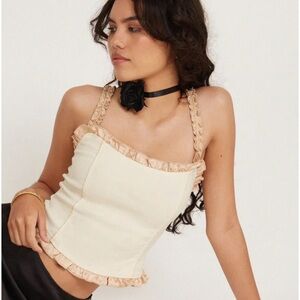 MOTEL ROCKS CREAM ADALIA CORSET CAMI TOP LACE-UP SATIN RUFFLE PARTY SIZE LARGE